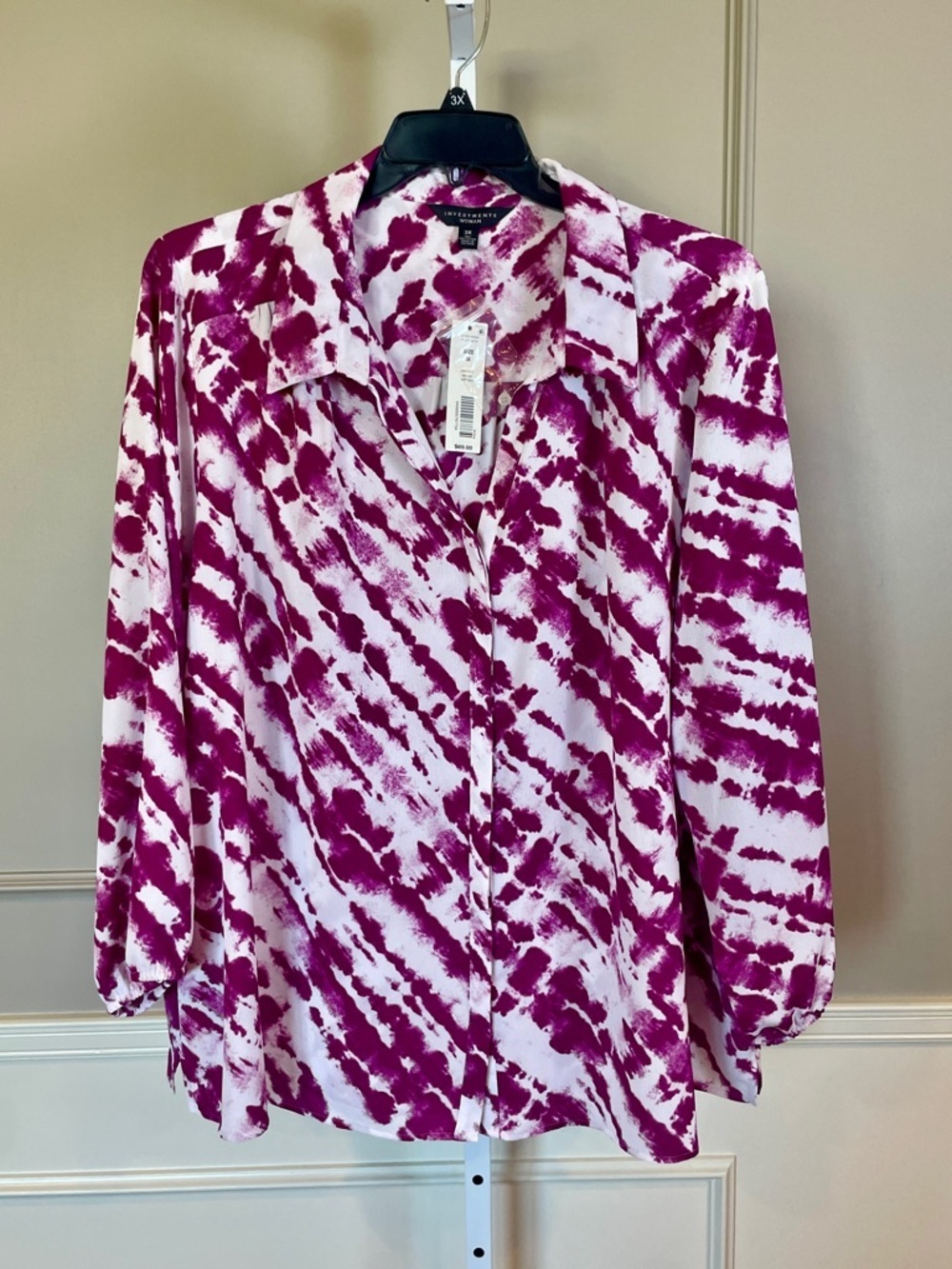 Investments NWT 3X Button Down Blouse Top Shirt Purple White Abstract Colorful